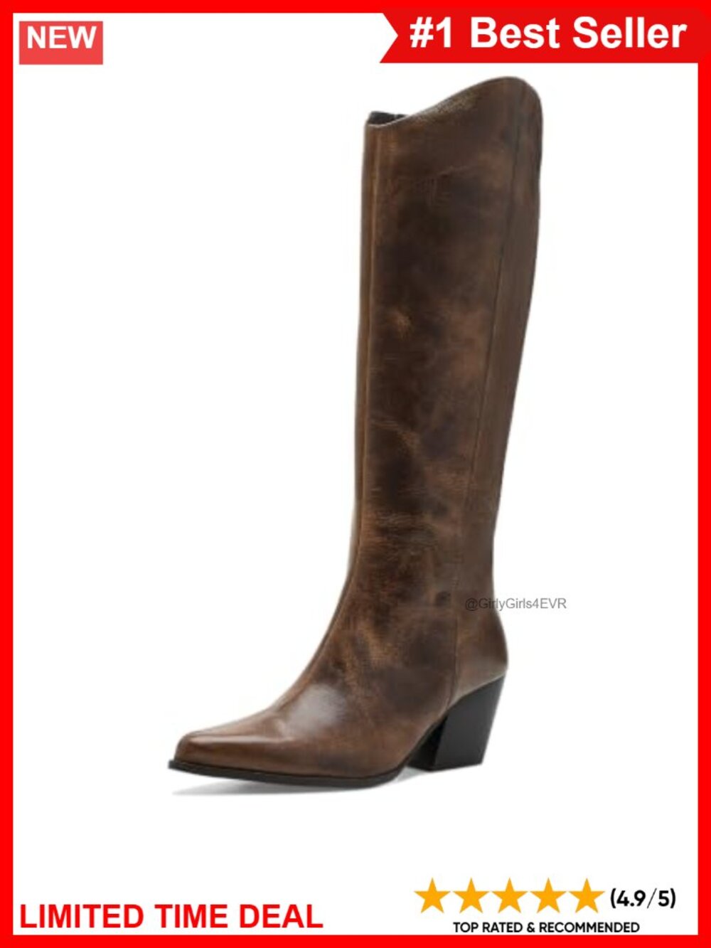 Knee-High Distressed Leather Boots Pointed Toe Block Heel